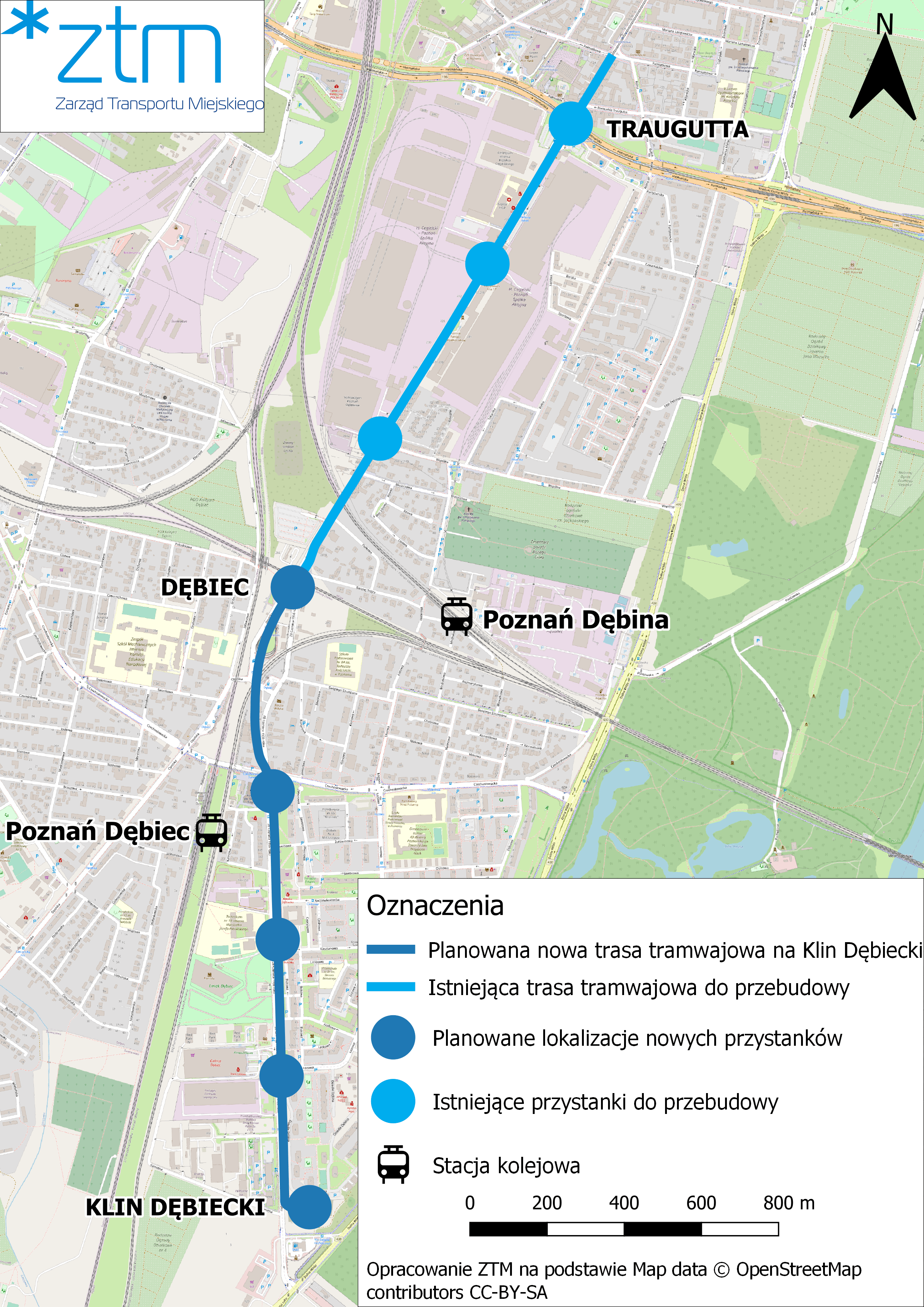 Przebieg trasy tramwajowej na osiedle Dębina